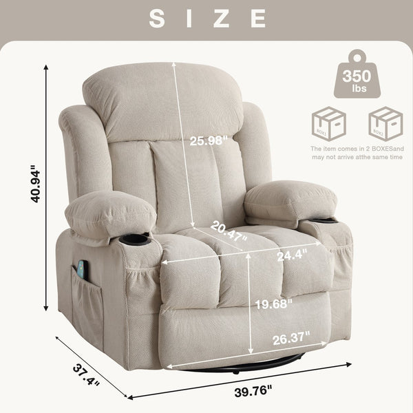 English Elm Swinging lounge chair 360° rotating heated massage sofa with USB, 8-point heat, cup holders, beige W1521S00061