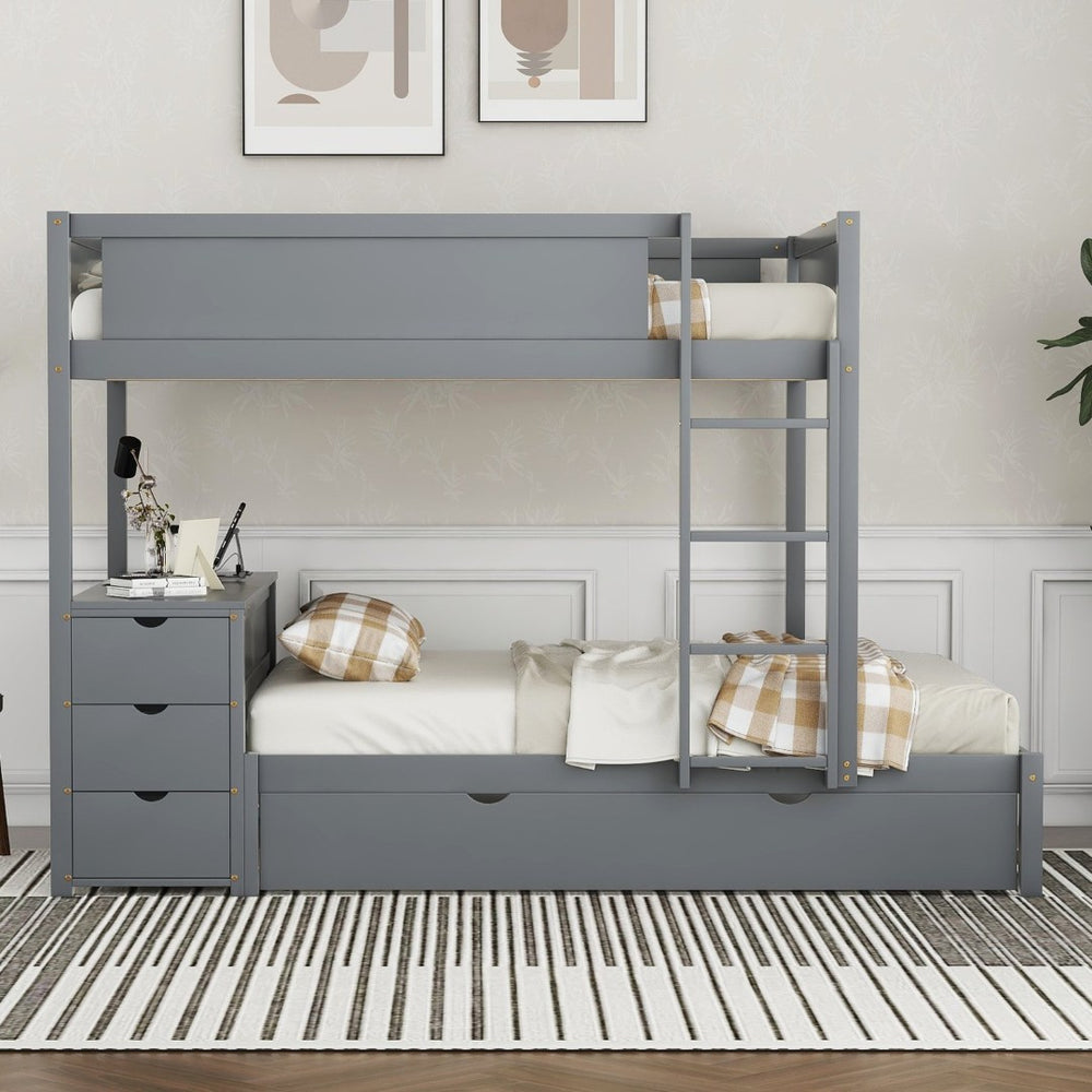 English Elm Full-over-full Bunk Bed with Trundle Desk Drawers and Built-in Power for Kids Gray LT000364AAE-1