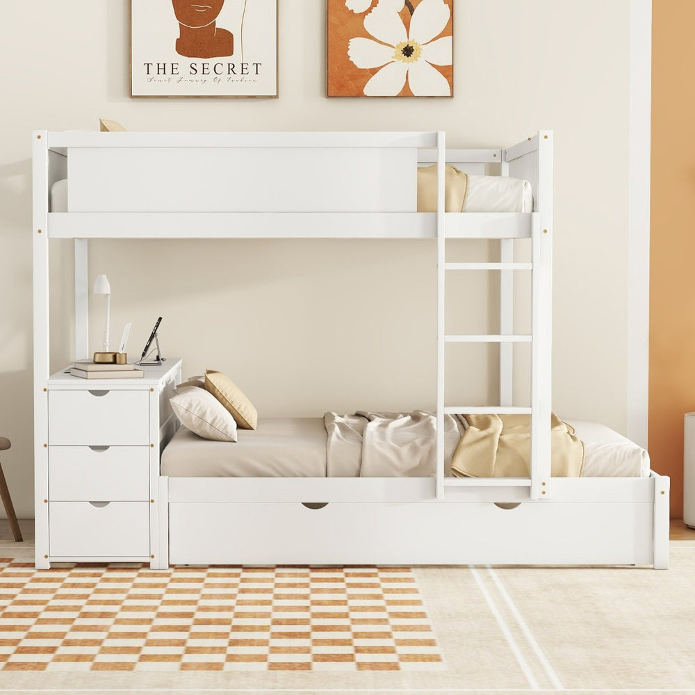 English Elm Full-over-full Bunk Bed with Trundle Desk Drawers and Built-in Power for Kids LT000364AAK