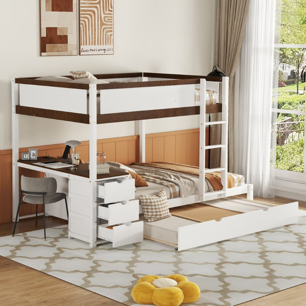 English Elm Full-over-full Bunk Bed with Trundle Desk Drawers and Built-in Power for Kids White+Walnut LT000364AAD