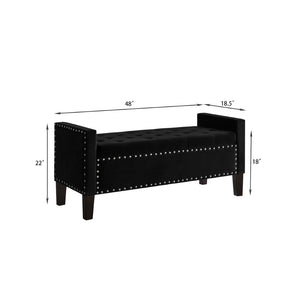 English Elm Upholstered Velvet Storage Bench Tufted Seat Nailhead Trim Armrests Entryway Bedroom Black W2186139086