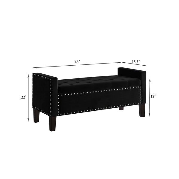English Elm Upholstered Velvet Storage Bench Tufted Seat Nailhead Trim Armrests Entryway Bedroom Black W2186139086