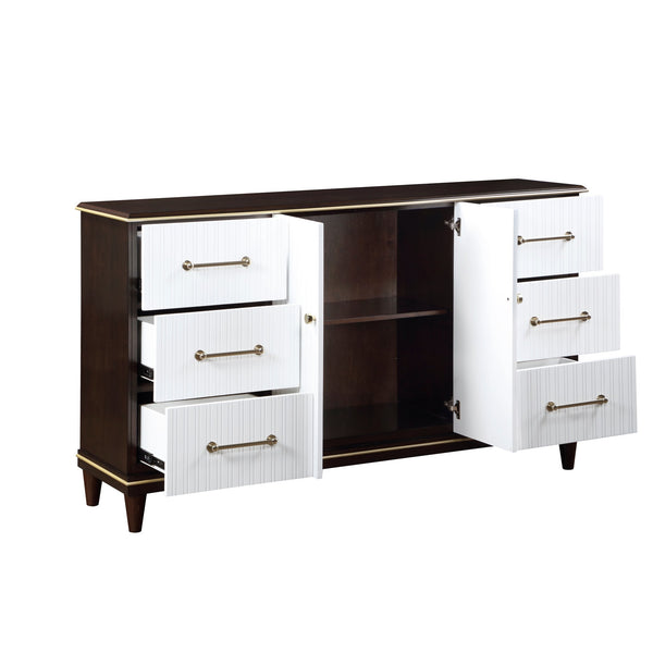 English Elm Contemporary White & Cherry Dresser 6-Drawer with Gold Trim, Brushed Gold Hardware, Routed Panels, 66" x 38.5" B011P149133