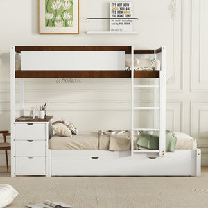 English Elm Twin-over-twin Bunk Bed with Trundle Built-in Desk Storage Drawers and Power Outlets White+Walnut LT000363AAD