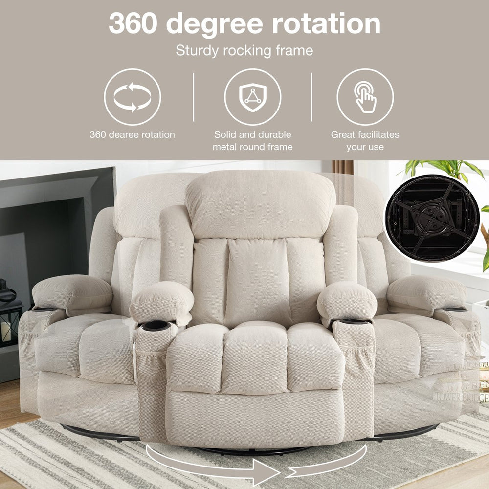 English Elm Swinging lounge chair 360° rotating heated massage sofa with USB, 8-point heat, cup holders, beige W1521S00061