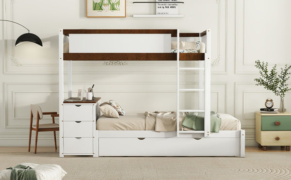 English Elm Twin-over-twin Bunk Bed with Trundle Built-in Desk Storage Drawers and Power Outlets White+Walnut LT000363AAD-1