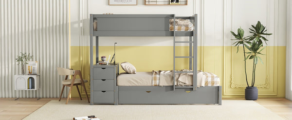 English Elm Twin-over-twin Bunk Bed with Trundle Built-in Desk Storage Drawers and Power Outlets Gray LT000363AAE-1