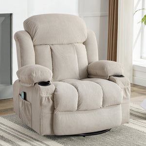 English Elm Swinging lounge chair 360° rotating heated massage sofa with USB, 8-point heat, cup holders, beige W1521S00061