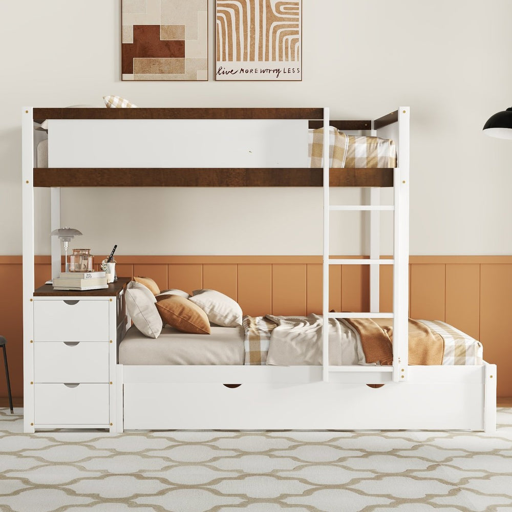 English Elm Full-over-full Bunk Bed with Trundle Desk Drawers and Built-in Power for Kids LT000364AAD-1