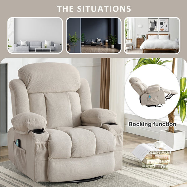 English Elm Swinging lounge chair 360° rotating heated massage sofa with USB, 8-point heat, cup holders, beige W1521S00061