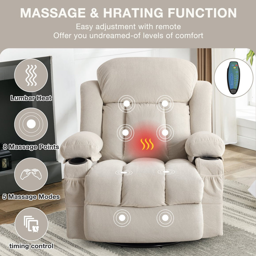 English Elm Swinging lounge chair 360° rotating heated massage sofa with USB, 8-point heat, cup holders, beige W1521S00061