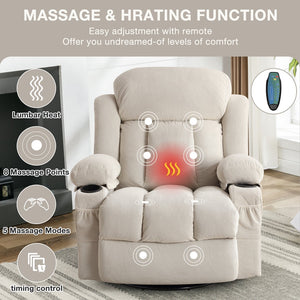 English Elm Swinging lounge chair 360° rotating heated massage sofa with USB, 8-point heat, cup holders, beige W1521S00061