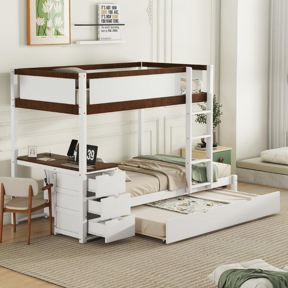 English Elm Twin-over-twin Bunk Bed with Trundle Built-in Desk Storage Drawers and Power Outlets White+Walnut LT000363AAD