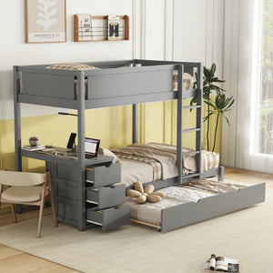 English Elm Twin-over-twin Bunk Bed with Trundle Built-in Desk Storage Drawers and Power Outlets Gray LT000363AAE-1