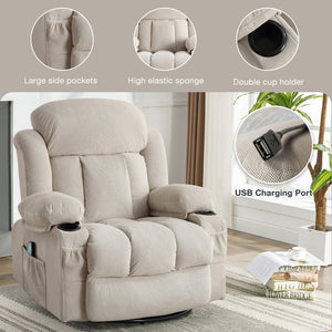 English Elm Swinging lounge chair 360° rotating heated massage sofa with USB, 8-point heat, cup holders, beige W1521S00061