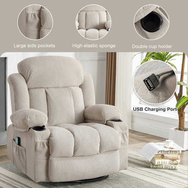 English Elm Swinging lounge chair 360° rotating heated massage sofa with USB, 8-point heat, cup holders, beige W1521S00061