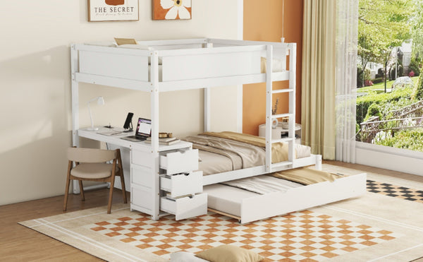 English Elm Full-over-full Bunk Bed with Trundle Desk Drawers and Built-in Power for Kids White LT000364AAK-1