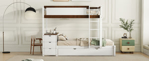 English Elm Twin-over-twin Bunk Bed with Trundle Built-in Desk Storage Drawers and Power Outlets White+Walnut LT000363AAD