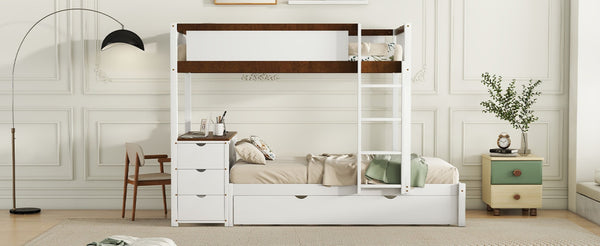 English Elm Twin-over-twin Bunk Bed with Trundle Built-in Desk Storage Drawers and Power Outlets White+Walnut LT000363AAD