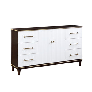 English Elm Contemporary White & Cherry Dresser 6-Drawer with Gold Trim, Brushed Gold Hardware, Routed Panels, 66" x 38.5" B011P149133