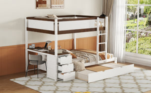 English Elm Full-over-full Bunk Bed with Trundle Desk Drawers and Built-in Power for Kids White+Walnut LT000364AAD