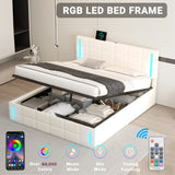 English Elm Queen Size Upholstered Bed With Led Lights,Hydraulic Storage System and Usb Charging Station,White