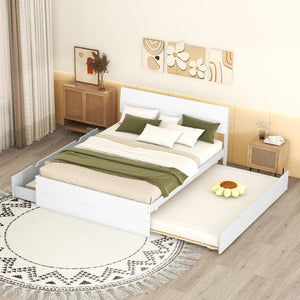 English Elm Modern Full Bed Frame with Twin Trundle and Dual Storage Drawers for Compact Rooms White W697S00027