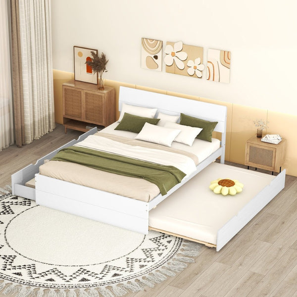 English Elm Modern Full Bed Frame with Twin Trundle and Dual Storage Drawers for Compact Rooms White W697S00027