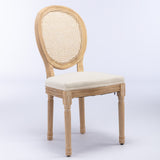 English Elm ,French Style Solid Wood Frame Antique Painting Linen Fabric Rattan Back Dining Chair,Set Of 2,Cream,Beige