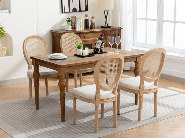 English Elm A&A French Style Dining Chairs Set Of 2 - Solid Wood Frame, Linen Upholstery & Rattan Back, Cream W1143141068
