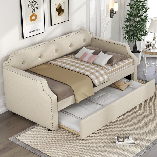 English Elm Upholstered Daybed with Trundle and Nailhead Trim, Twin Sofa Bed with Wood Slat Support, Durable Linen Upholstery Beige SM000501AAA