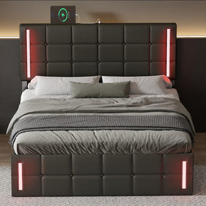 English Elm Full Size Upholstered Bed With Led Lights,Hydraulic Storage System and Usb Charging Station,Black