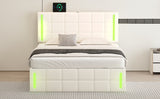 English Elm Full Size Upholstered Bed With Led Lights,Hydraulic Storage System and Usb Charging Station,White