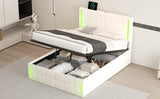 English Elm Full Size Upholstered Bed With Led Lights,Hydraulic Storage System and Usb Charging Station,White