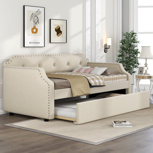 English Elm Upholstered Daybed with Trundle and Nailhead Trim, Twin Sofa Bed with Wood Slat Support, Durable Linen Upholstery Beige SM000501AAA