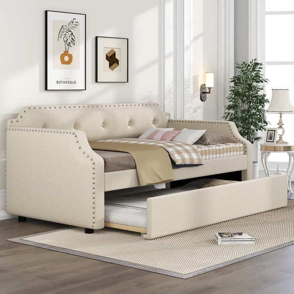 English Elm Upholstered Daybed with Trundle and Nailhead Trim, Twin Sofa Bed with Wood Slat Support, Durable Linen Upholstery Beige SM000501AAA