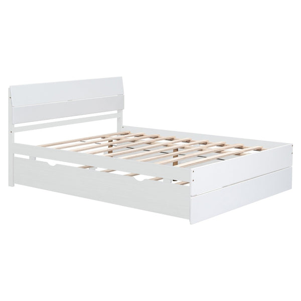 English Elm Modern Full Bed Frame with Twin Trundle and Dual Storage Drawers for Compact Rooms White W697S00027