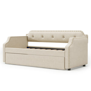 English Elm Upholstered Daybed with Trundle and Nailhead Trim, Twin Sofa Bed with Wood Slat Support, Durable Linen Upholstery Beige SM000501AAA