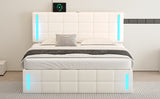 English Elm Queen Size Upholstered Bed With Led Lights,Hydraulic Storage System and Usb Charging Station,White