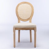 English Elm ,French Style Solid Wood Frame Antique Painting Linen Fabric Rattan Back Dining Chair,Set Of 2,Cream,Beige