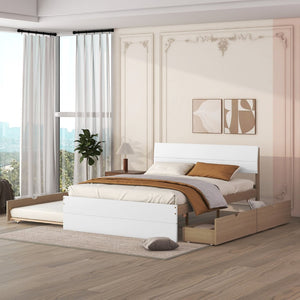 English Elm Modern Full Bed Frame with Twin Trundle and Dual Storage Drawers for Compact Rooms White+Oak W697S00020