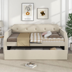 English Elm Upholstered Daybed with Trundle and Nailhead Trim, Twin Sofa Bed with Wood Slat Support, Durable Linen Upholstery Beige SM000501AAA