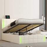 English Elm Full Size Upholstered Bed With Led Lights,Hydraulic Storage System and Usb Charging Station,White