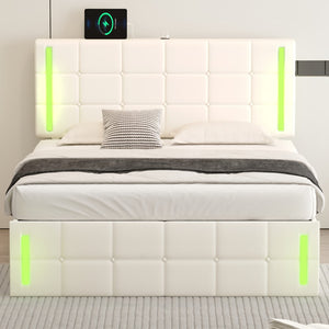 English Elm Full Size Upholstered Bed With Led Lights,Hydraulic Storage System and Usb Charging Station,White