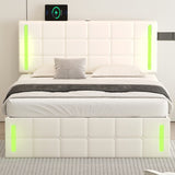 Barnes Full Size Upholstered Bed with Underneath Storage, LED Lights and USB Charging Station, White