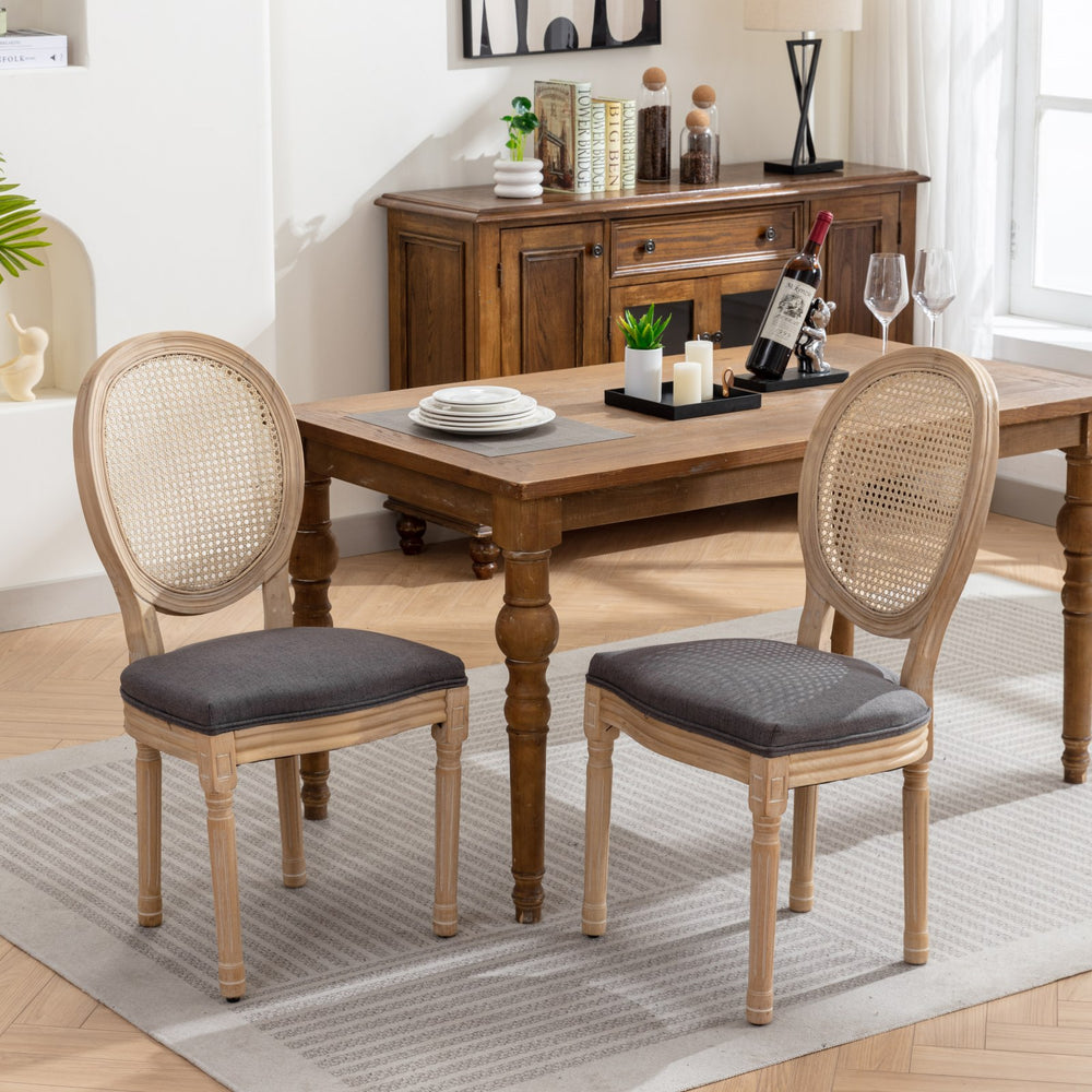 English Elm A&A Elegant French Style Dining Chairs Set Of 2 With Linen Upholstery & Rattan Back For Timeless Charm W1143141069