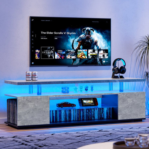 English Elm TV Sleek gaming TV stand for 70 inch with LED lighting, cable management, ample storage and shelves Gray 68 L x 20.07 W x 6.5 H W2178P149212
