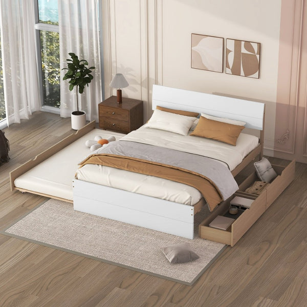 English Elm Modern Full Bed Frame with Twin Trundle and Dual Storage Drawers for Compact Rooms White+Oak W697S00020