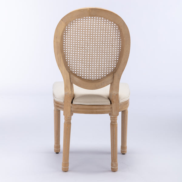 English Elm A&A French Style Dining Chairs Set Of 2 - Solid Wood Frame, Linen Upholstery & Rattan Back, Cream W1143141068