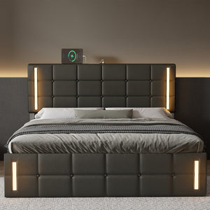 English Elm Queen Size Upholstered Bed With Led Lights,Hydraulic Storage System and Usb Charging Station,Black